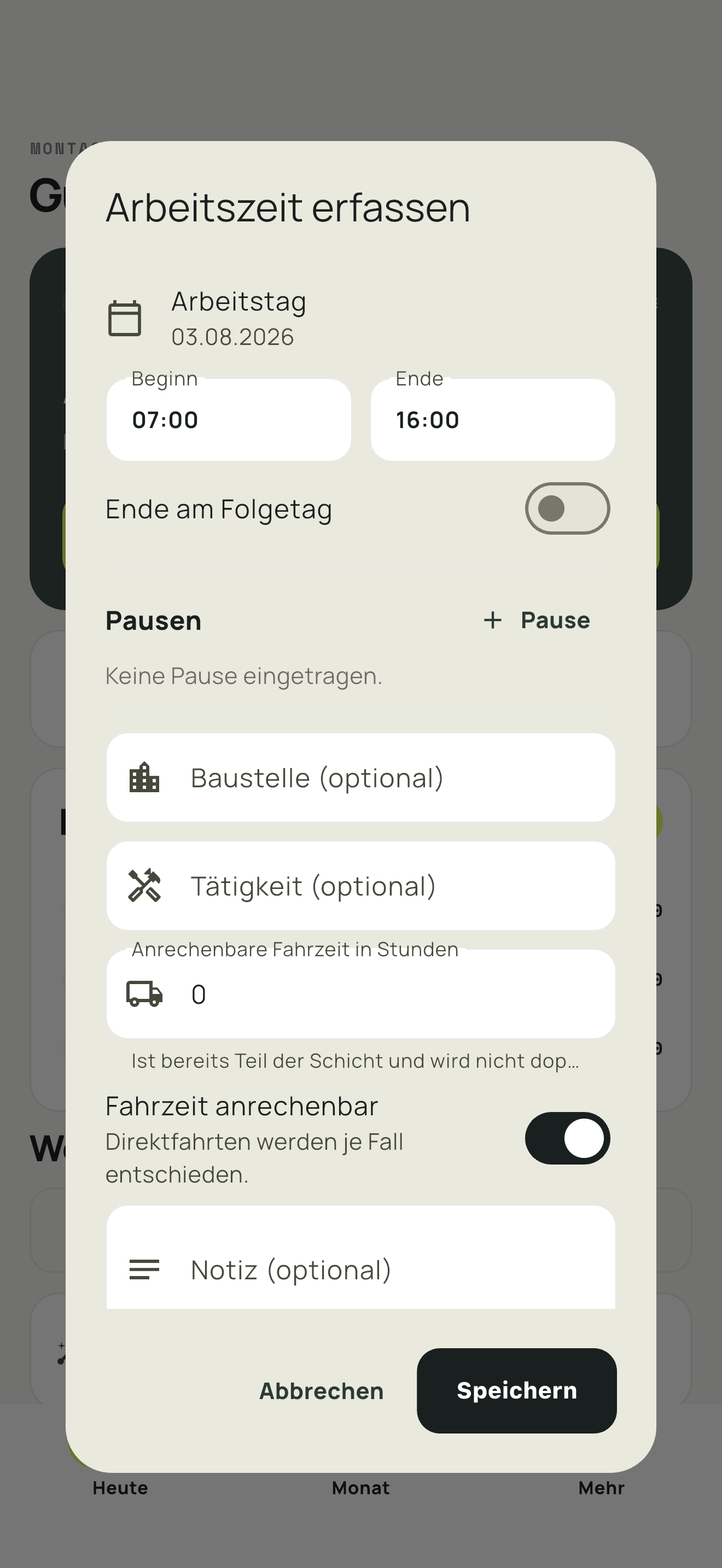 BauTakt App: Dialog zum Erfassen von Arbeitszeit, Pausen und Fahrzeit