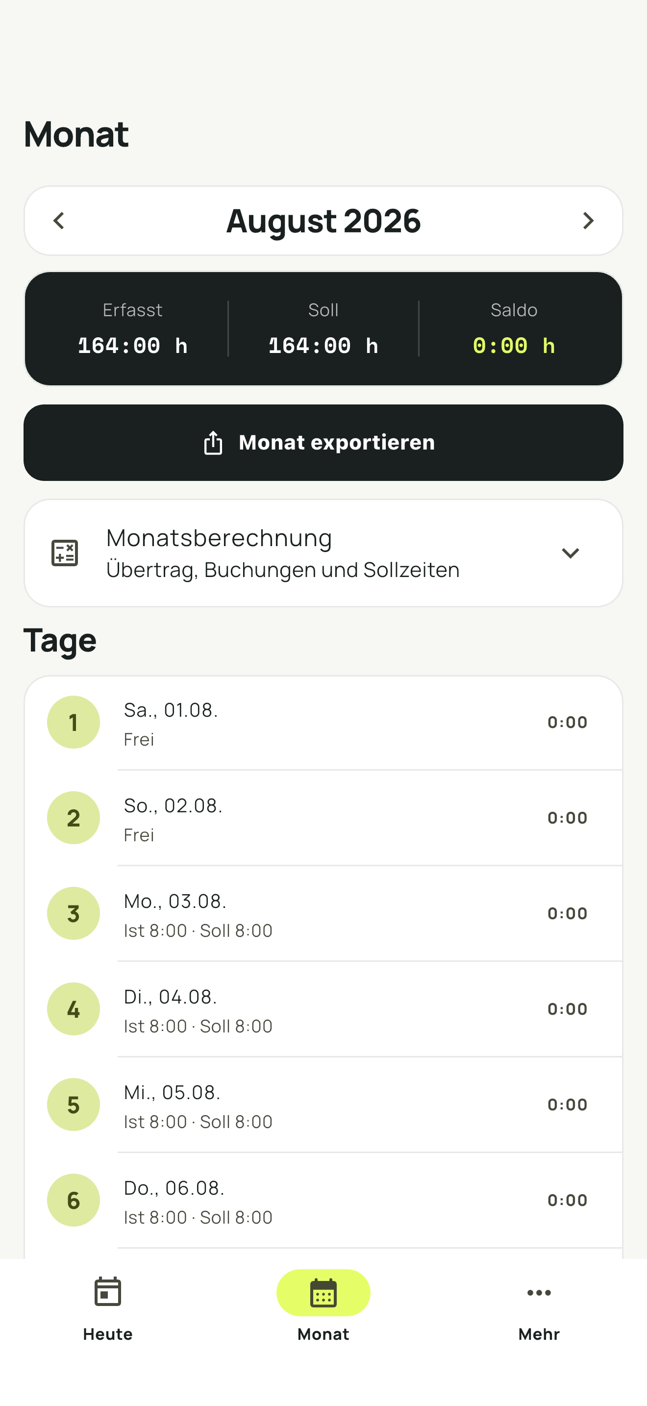 BauTakt App: Monatsansicht mit erfasster Zeit, Sollzeit und Saldo
