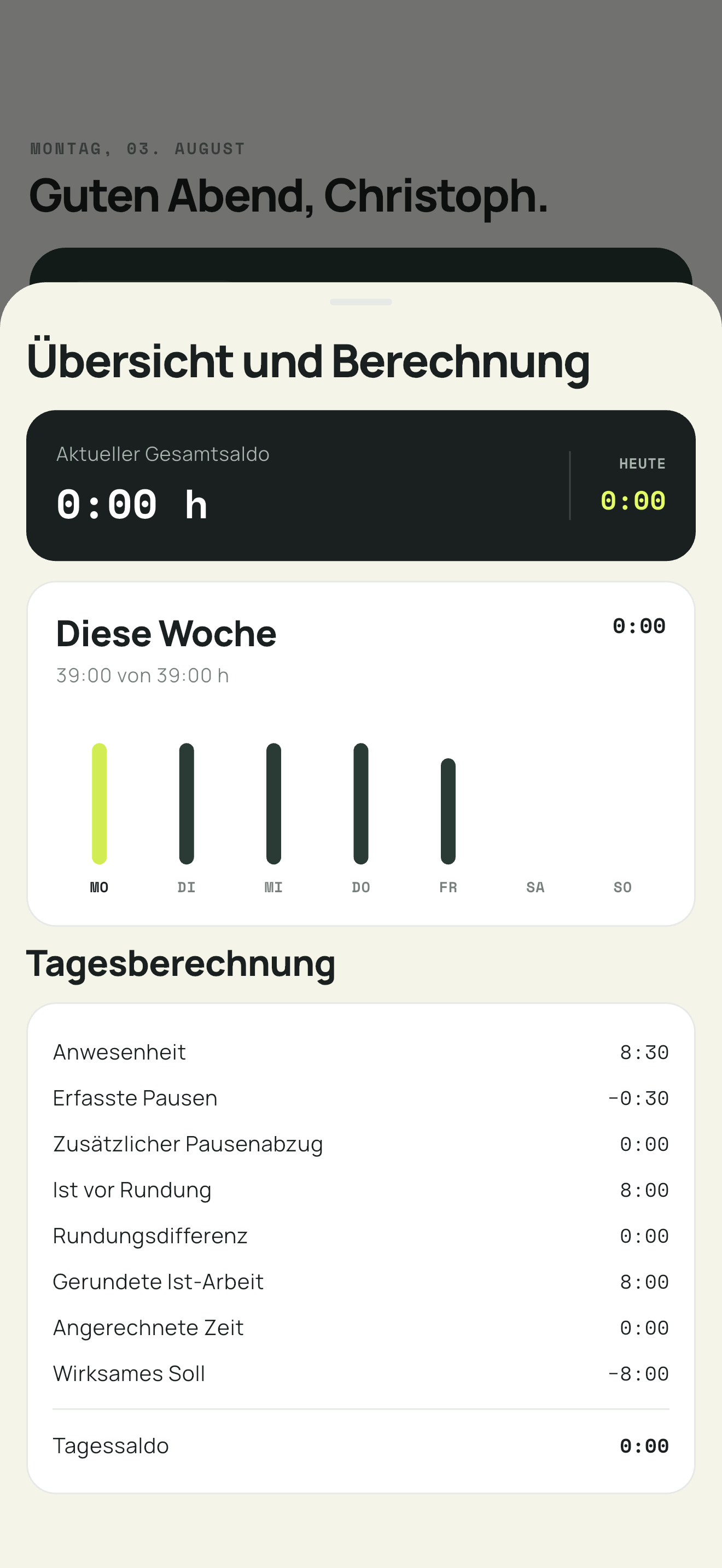 BauTakt App: Auswertung mit Wochengrafik und detaillierter Tagesberechnung