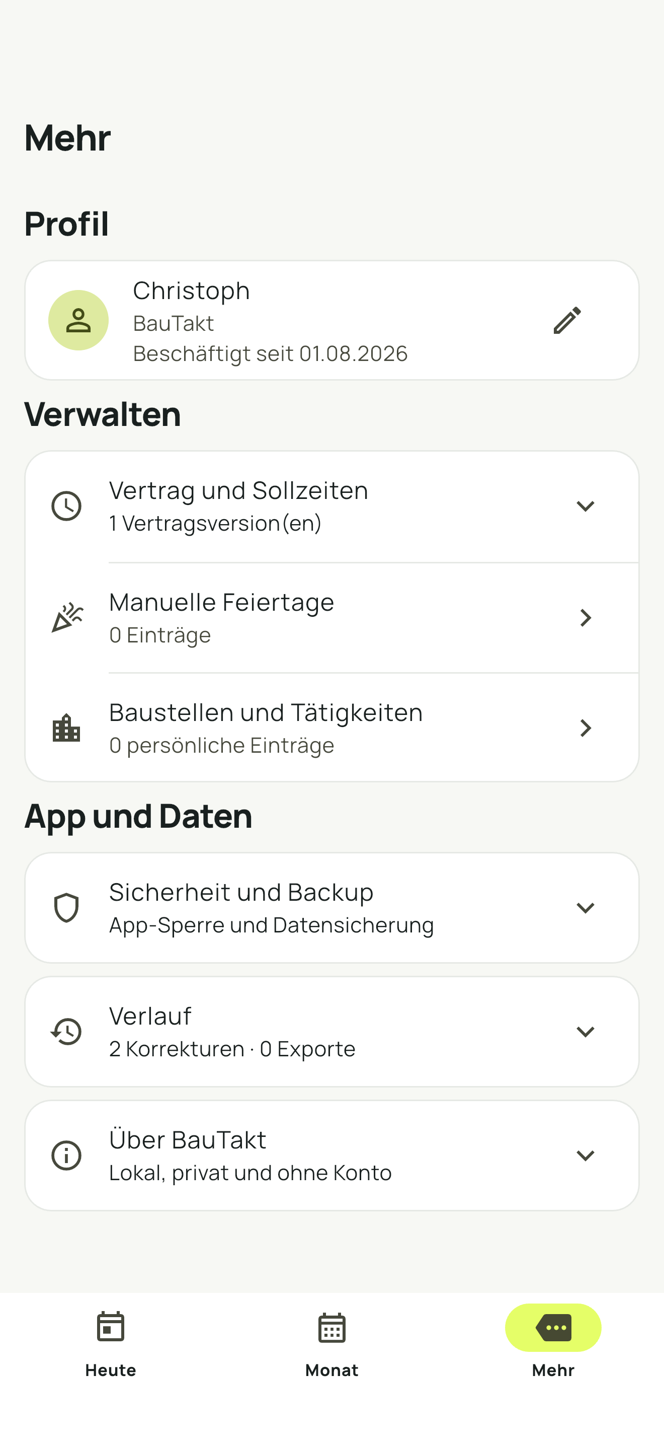 BauTakt App: Mehr-Ansicht mit Profil, Vertrag, Baustellen und Datensicherung